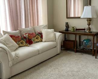 Sofa, drapery panels, Stifel brass table lamp (2)