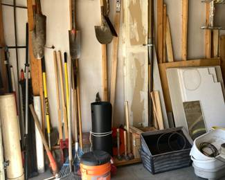 Shovels, rakes, wood scraps