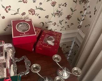 Sterling silver candleholders and Waterford Christmas ornaments