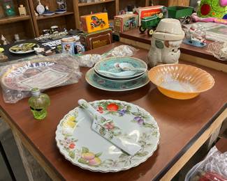 Andre by Sadek Cake Plater & Server - Chinese Famille Rose Longevity Set Bowls & Plate - Fire King Peach Lustre Bowl