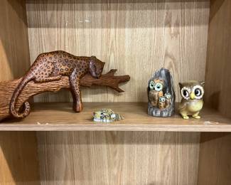 Wood Leopard Wall Hanging - 1970's Oil in Trunk Figurine - Josef Originals Owl Figurine