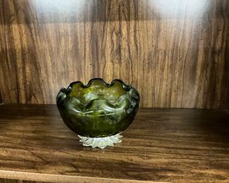 Indiana Glass Green Duette Rose Bowl w/Metal Base