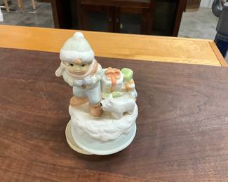Porcelain Christmas Boy, Dog w/Presents Musical Figurine