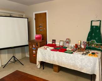 Christmas, wooden storage box, home movie screen in perfect condition.
