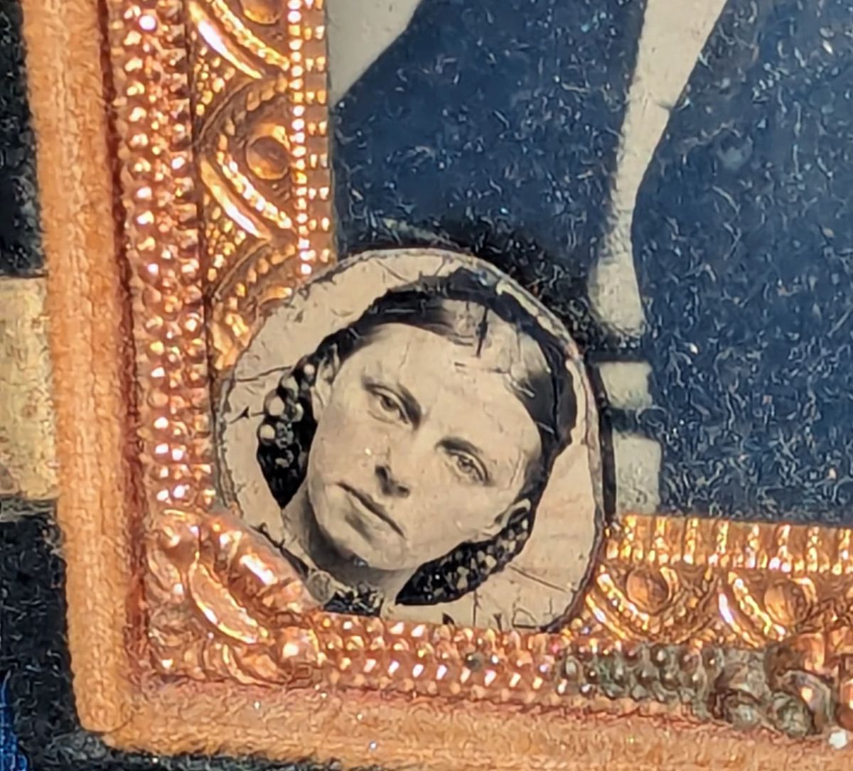 Close up of tin type.