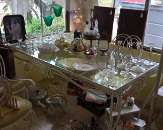 Iron table & chairs, glass top