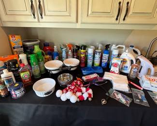 Cleaning supplies, dog dishes and kitty dishes