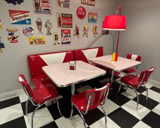 Retro style banquettes (2) Boomerang top tables with chrome trim and base.  Red floor lamp.  Loads of fun artwork to complete the VIBE