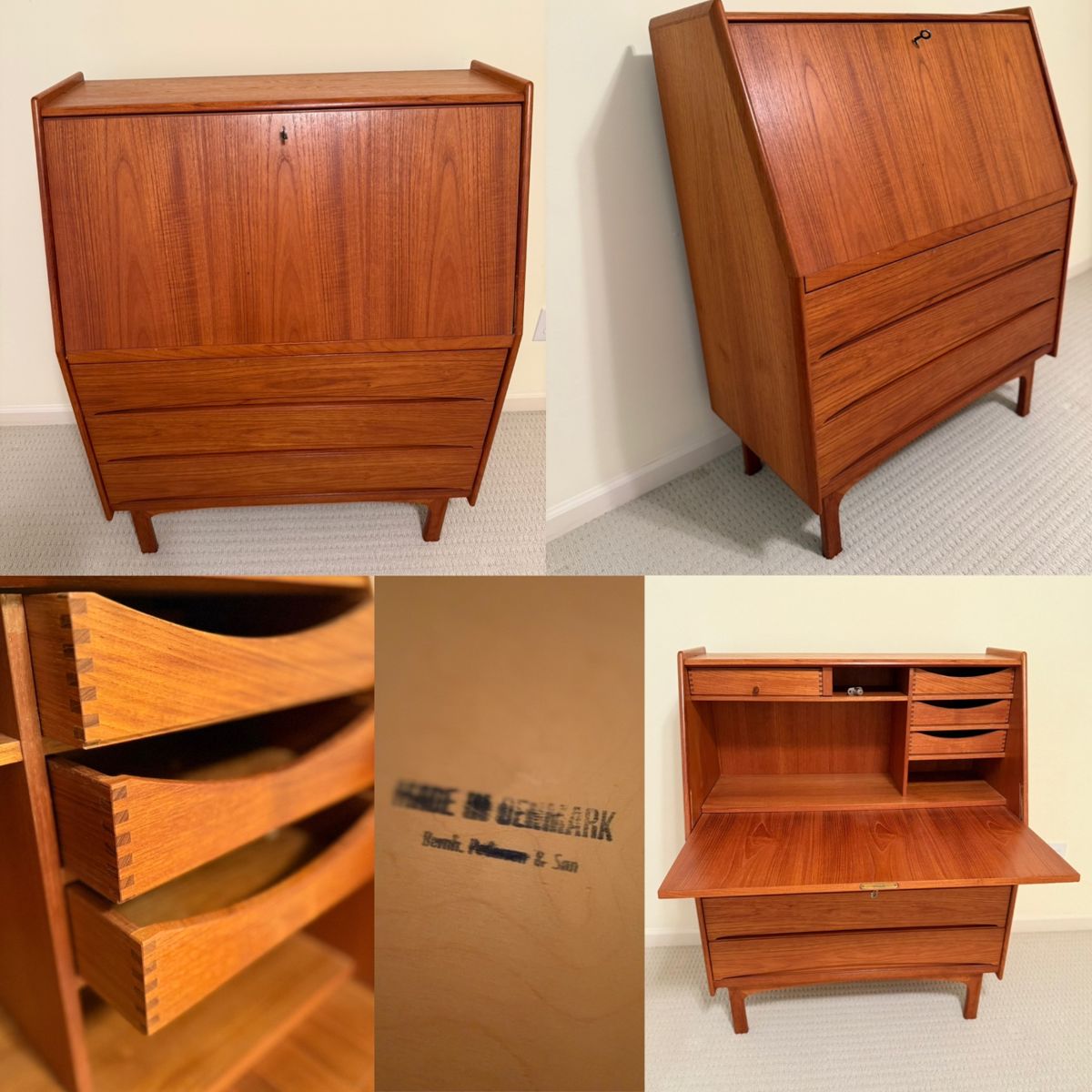 MCM House Of Denmark Danish Teak Secretary from Bernhard Pedersen & Son, 1960s W/both Keys-Approximately 35.43ʺW × 17.72ʺD × 44.88ʺH