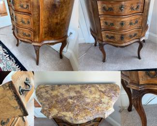 Approximately 33” W x 16” D. 32” T
Antique French Louis XV Burl Walnut & Marble top commode