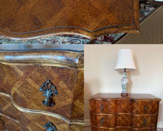 Vintage French Country Sideboard Dresser Wood Parquet Serpentine Top Made in Italy Buffet-Approximately 40” W x 19” D x 29-1/2” T