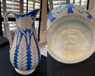 Wood & Brownfield WB Cobridge Porcelain Pitcher with Blue and White Fern pattern Approximately 10”