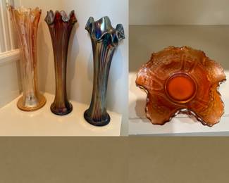 Marigold Carnival Glass Vase, (2) Fenton Fine Ribbed Carnival Vases, Fenton Marigold Carnival Glass Sailboats Bowl