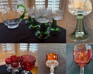 Set Vintage Luminarc Roemer Wine Glasses Green Ribbed Beehive Base & Matching Pitcher
Set 4 VTG MCM Kings Crown Ruby Red Thumbprint Cordials
Single Vintage Bartlett Collins
Atomic Starburst Cranberry Goblet