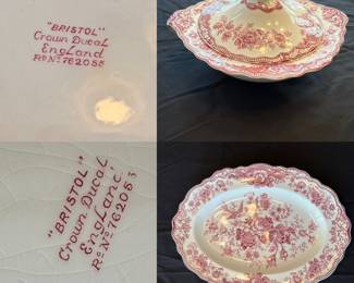Pink “Bristol “ Crown Ducal England Transfer Ware Platter & Covered Vegetable Bowl