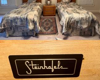 Vintage Steinhafel 2 Drawer Solid Oak Nightstand and Pair of Twin Headboards