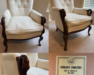 Antique Tufted Back Custom Upholstered Carved Swans Arm Chair