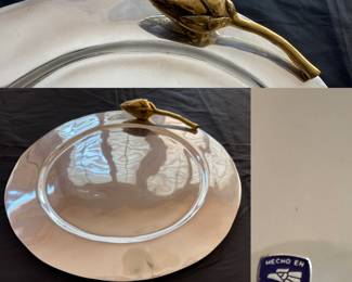 Stainless Steel Round Platter w/Brass flower
