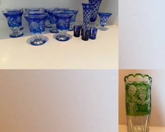 Cobalt Blue Cut to Clear Bohemian Crystal Vases, Stemware & Shot Glass Set
Green Cut to Clear Vase
