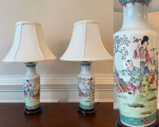 Pair Antique 10” Chinese Eggshell Porcelain Vases/Lamps