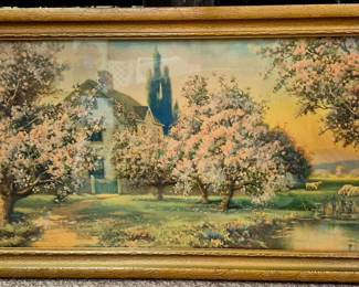 Large selection of framed artwork. Original frame 1927 Atkinson Fox "Blossom Time" print