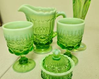Much vintage glassware. Opalescent green glass