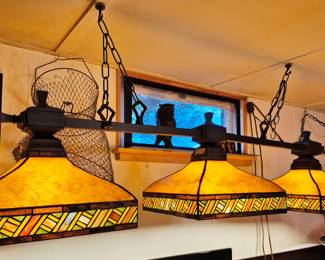 Hanging "Ram Game Room Products" 3 Mica shades pool table light.
