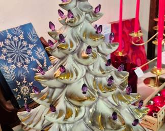 Much vintage Christmas.  3 pcs. ceramic Christmas tree w/ music box 