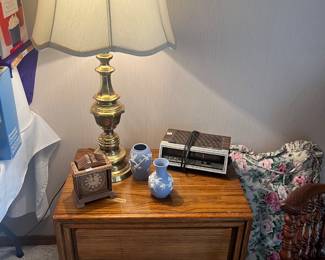 Nightstand, brass lamp