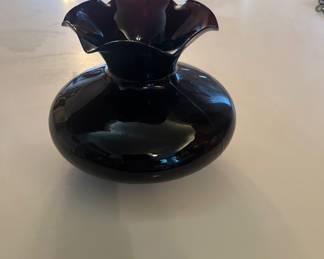 Black Amethyst Glass Small Bulbous Vase Ruffled Edge Centerpiece Hand Blown