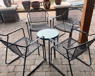 4 Wrought Iron chairs, glass top side table and Terracotta flower pots