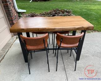 Raw Edge Wood Pub Height Table with Faux Leather Barstools
