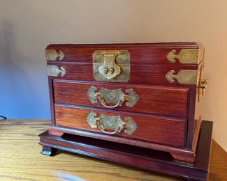 Chinese Rosewood Jewelry Box with Brass Accents