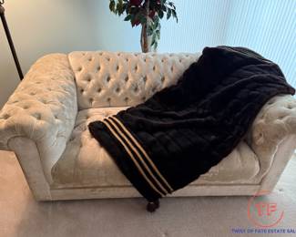 White Crushed Velvet Tufted Rolled Arm Loveseat