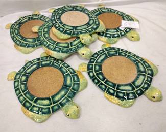 SET OF SIX MANGO MIKE CERAMIC TURTLE COASTERS WITH CORK INSERTS