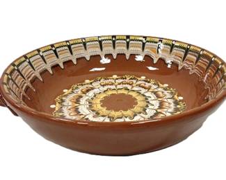LARGE LOW BULGARIAN PEACOCK BOWL WITH HANDLES
