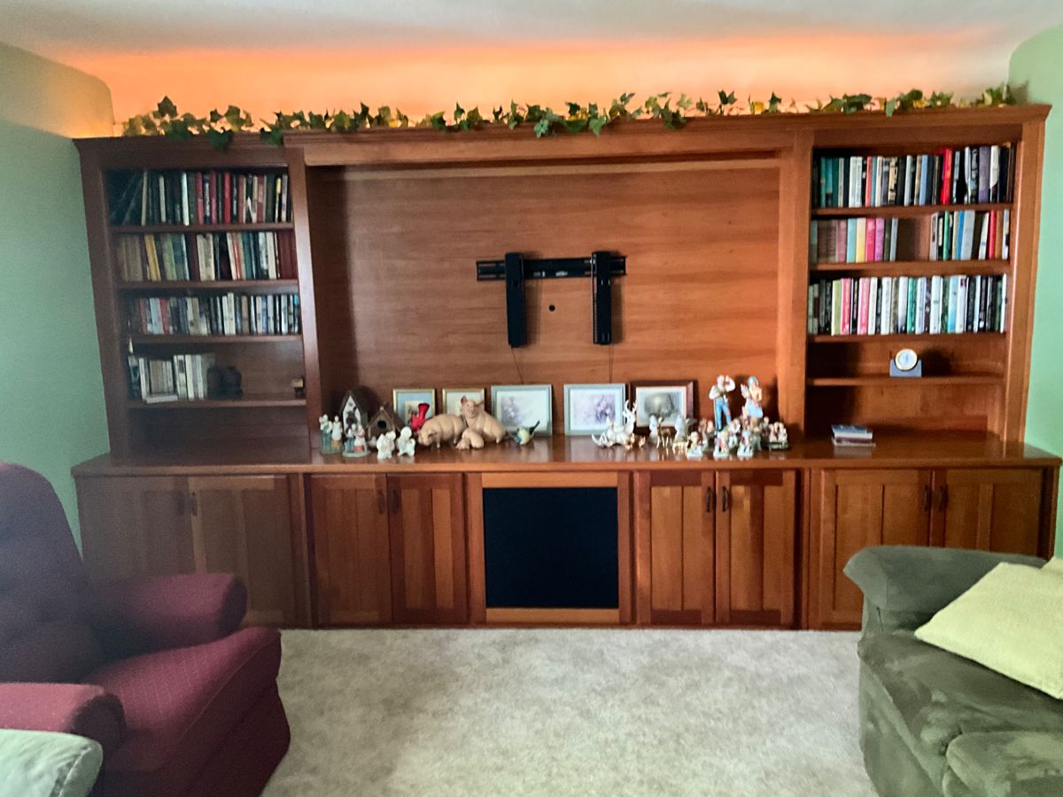 Books on shelving and figurines on built-in (sold with house).