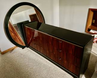 Horizontal black lacquer dresser with mirror is sold as a part of 4pc Queen Bed Set