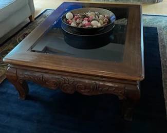 Large Carved Coffee Table w/Glass Top