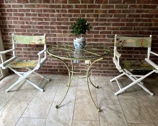 RUN, don't walk to our sale or these will be gone! Adorable and comfortable Vintage Director's chair in a beautiful happy design. The Bistro table is a perfect compliment! Lovely inviting Celadon green, a perfect set for your Florida room, kitchen or screen porch!