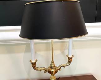 Baldwin Brass French Bouillotte lamp with classic black shade. This lamp is stunning! Two arm candlestick style with swan serpentine design. It's about 23" tall...perfect addition to your home! Exquisite!