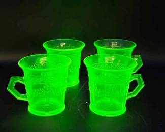 (4) Fenton Orange Tree Green Depression Glass Mugs