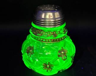 Antique Uranium Glass Salt Shaker – Floral Medallion with Metal Appliqué