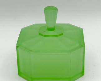 Green Depression Satin Glass Art Deco Powder Box-Possibly New Martinsville