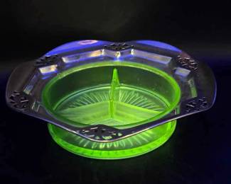 Uranium Glass Condiment Tray with Metal Trim