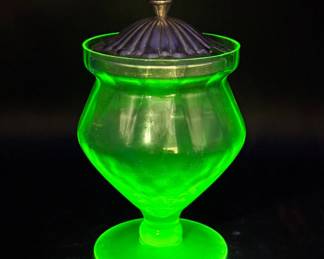 Uranium Glass Footed Candy Dish with Metal Lid