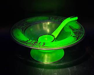 Elegant Uranium Glass Etched Bowl with Matching Ladle – Silver Overlay Decoration