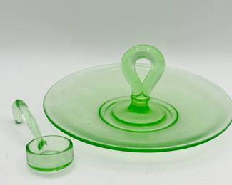 Uranium Glass Tidbit Tray & Cambridge Ladle