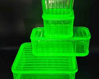 (4) Hocking Paneled Uranium Glass Refrigerator Dishes