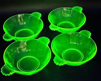 (4) Anchor Hocking Green Uranium Depression Glass Berry Bowls with Handles
